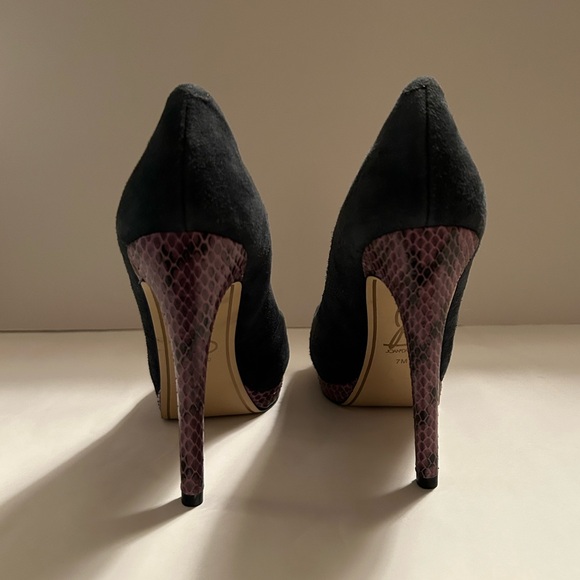 JOAN & DAVID - Blue Suede Purple Snake OpenToe High Heel Platforms - Sz 7M - Picture 5 of 14